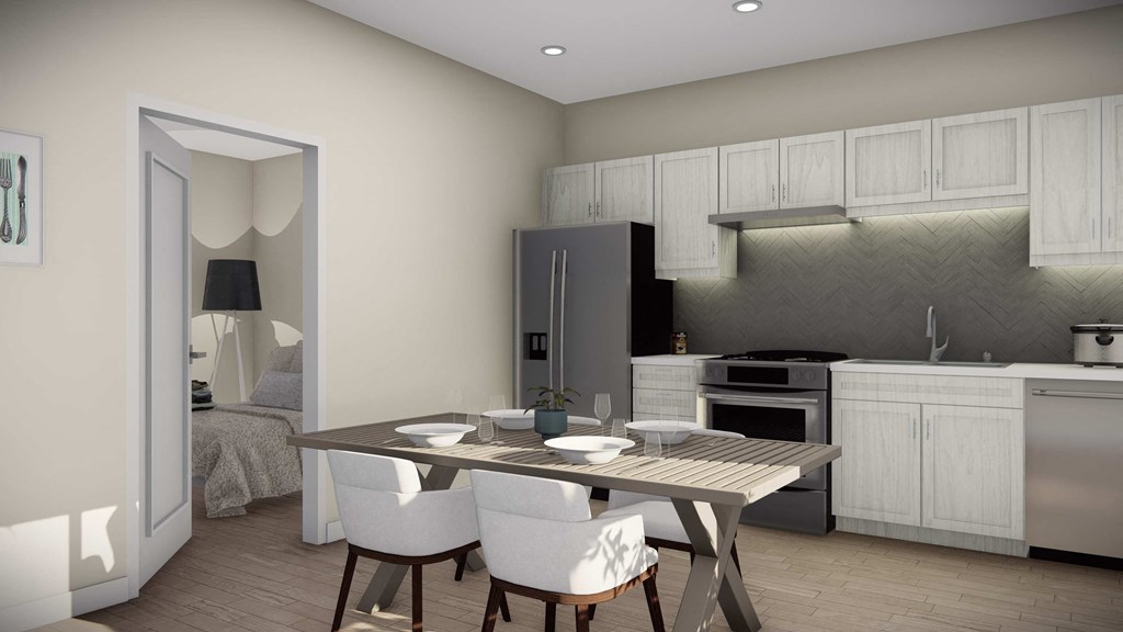 a rendering of a kitchen and dining room with a table