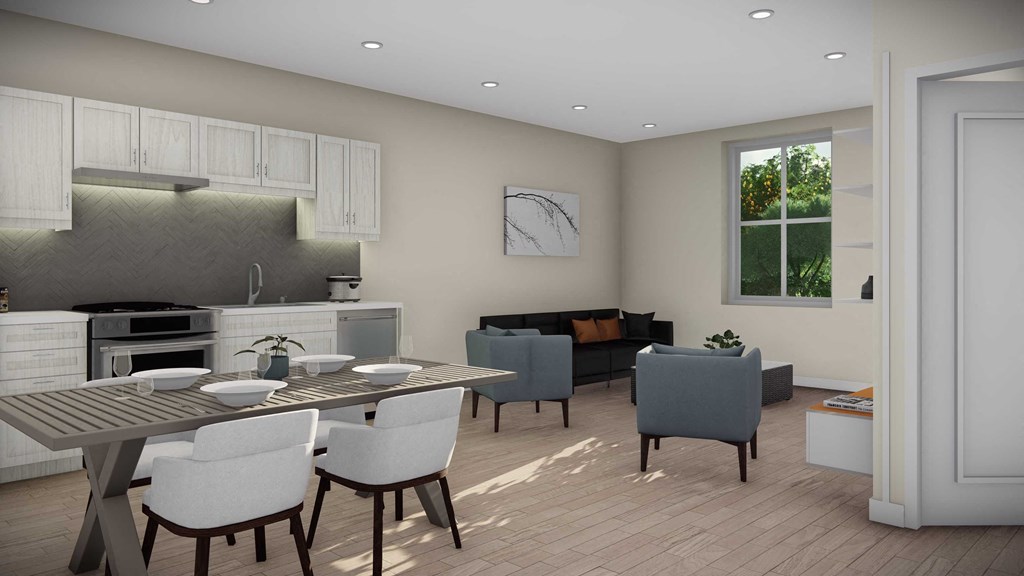 a rendering of a living room with a table and chairs