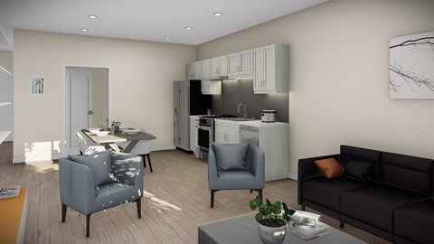 a living room and kitchen in a small apartment