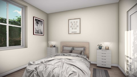 a bedroom with a bed and two windows