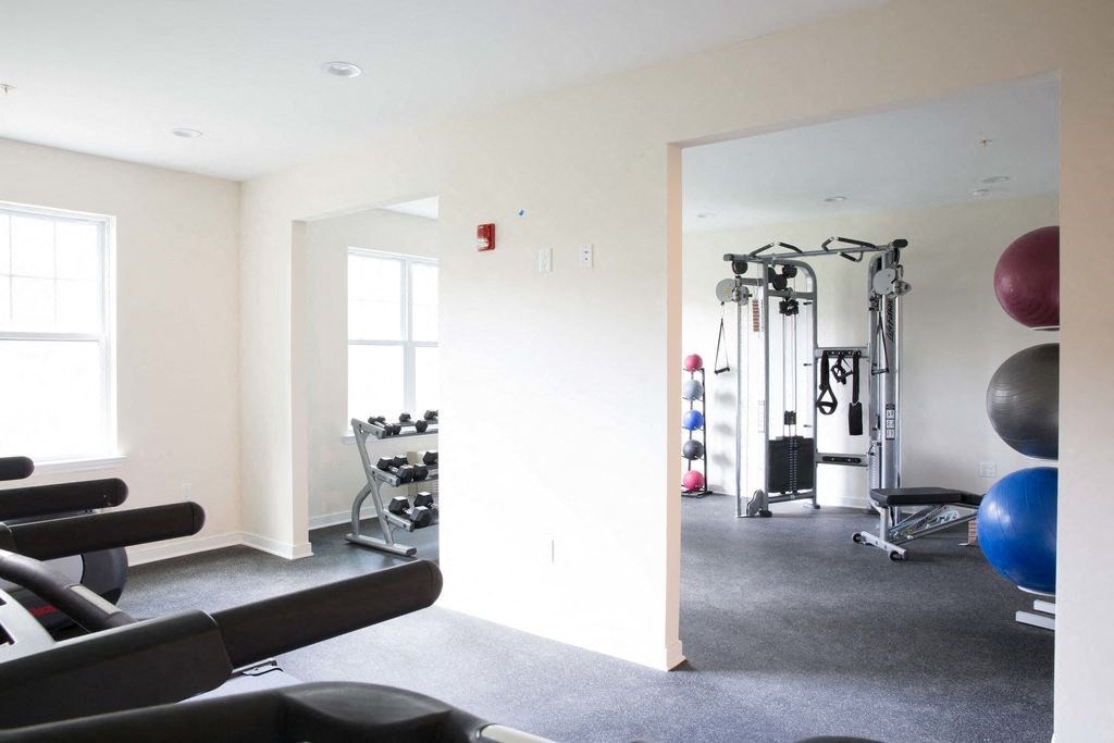 a gym with treadmills and other exercise equipment in a home gym