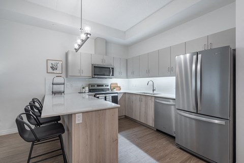 a kitchen with stainless steel appliances and a marble counter top