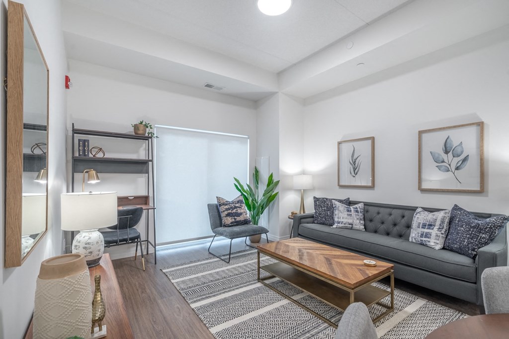 a living room with a couch and a coffee table