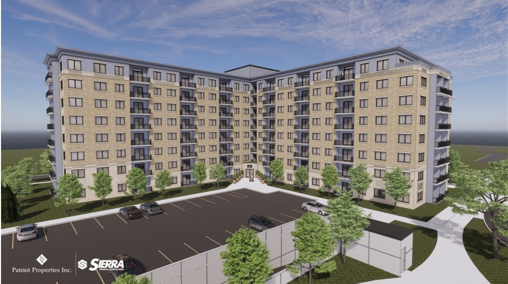 a rendering of a large apartment building with trees and a parking lot