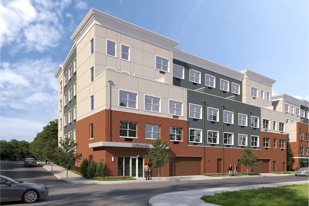 a rendering of a new apartment building on a city street