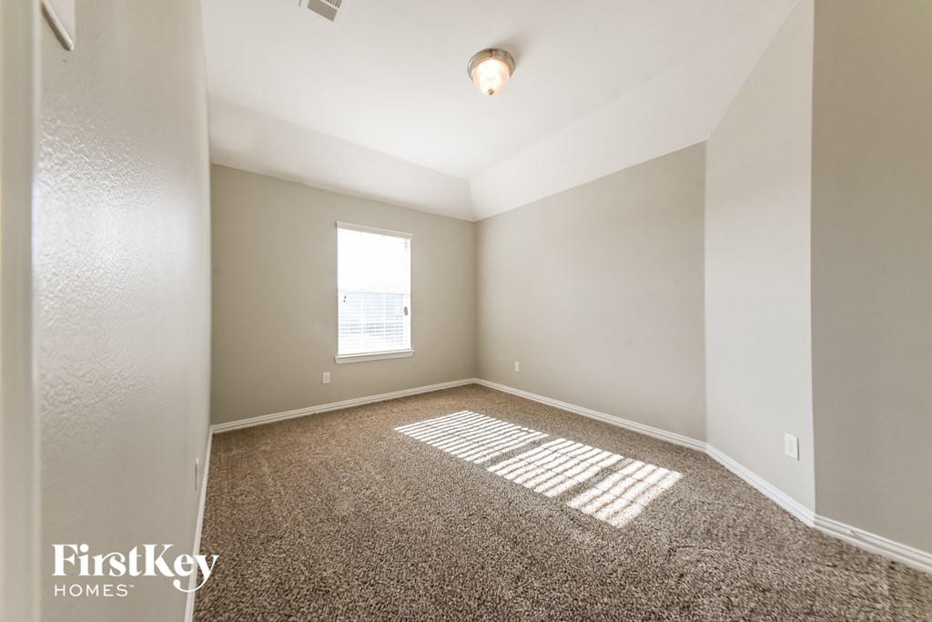 A carpeted room with a window and a door.