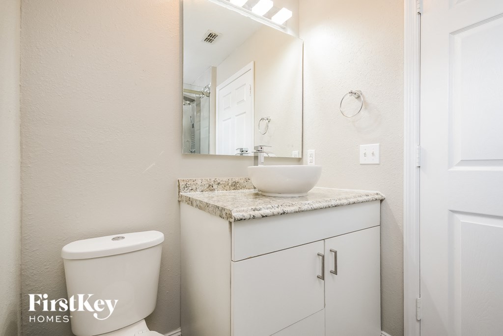 a bathroom with a sink and toilet and a mirror