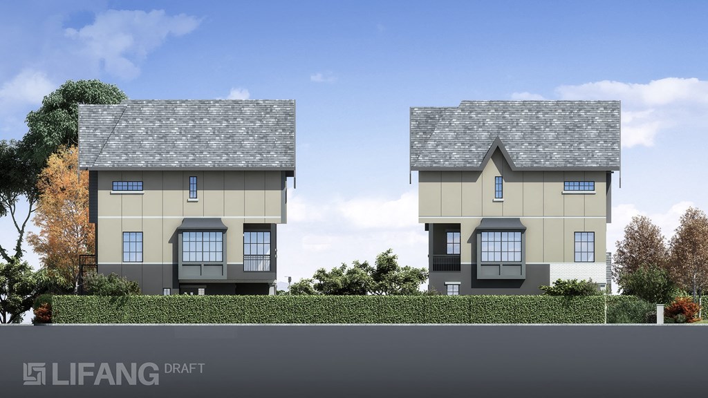 a rendering of two houses with two roofs on a road