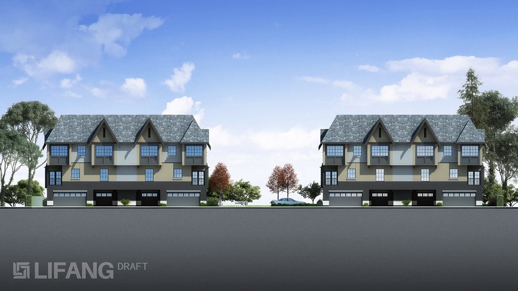 a rendering of two houses on the side of a road