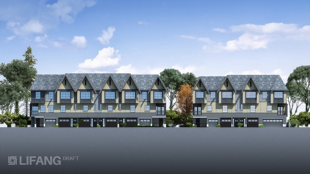 a rendering of a row of houses in front of a road