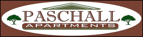The image is a logo for Paschall Apartments, featuring a brown and green color scheme with two trees.