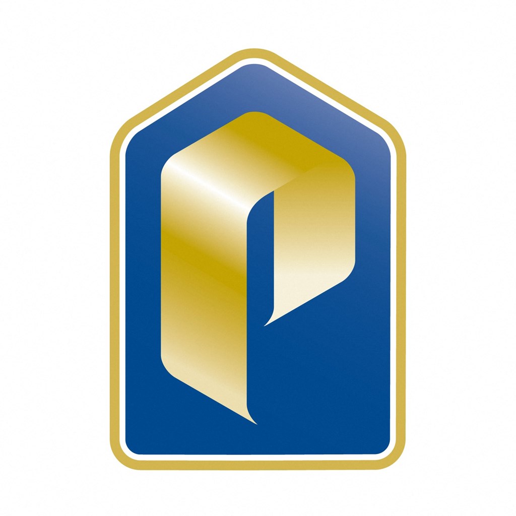 A blue and gold logo with a three-dimensional effect.