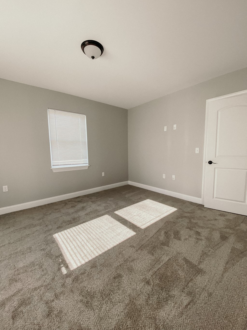 an empty living room with carpet and a door