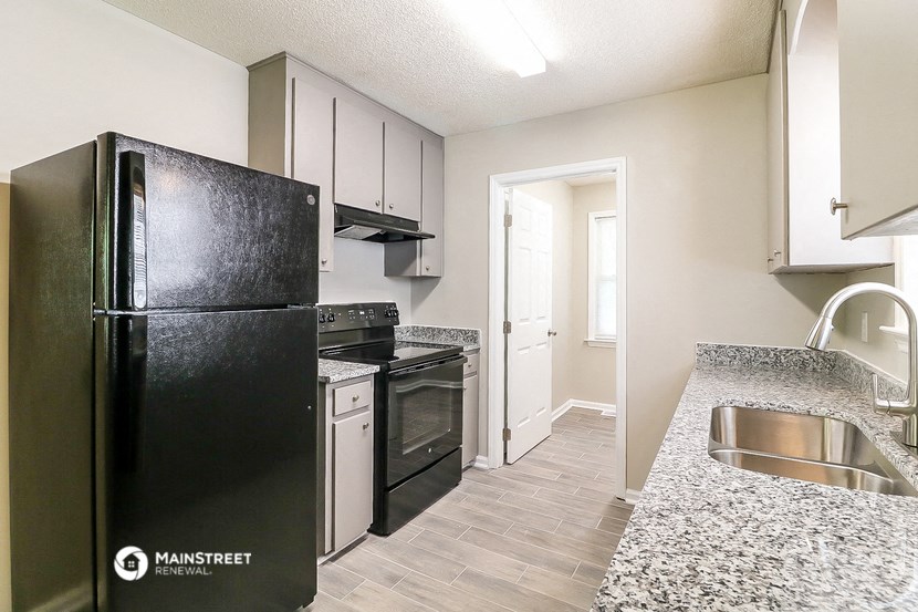 the kitchen of our studio apartment atrium with stainless steel appliances and white cabinets