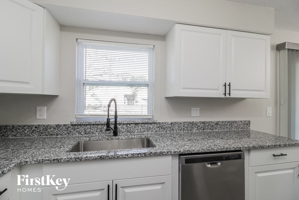 A kitchen with a granite countertop and a stainless steel dishwasher.