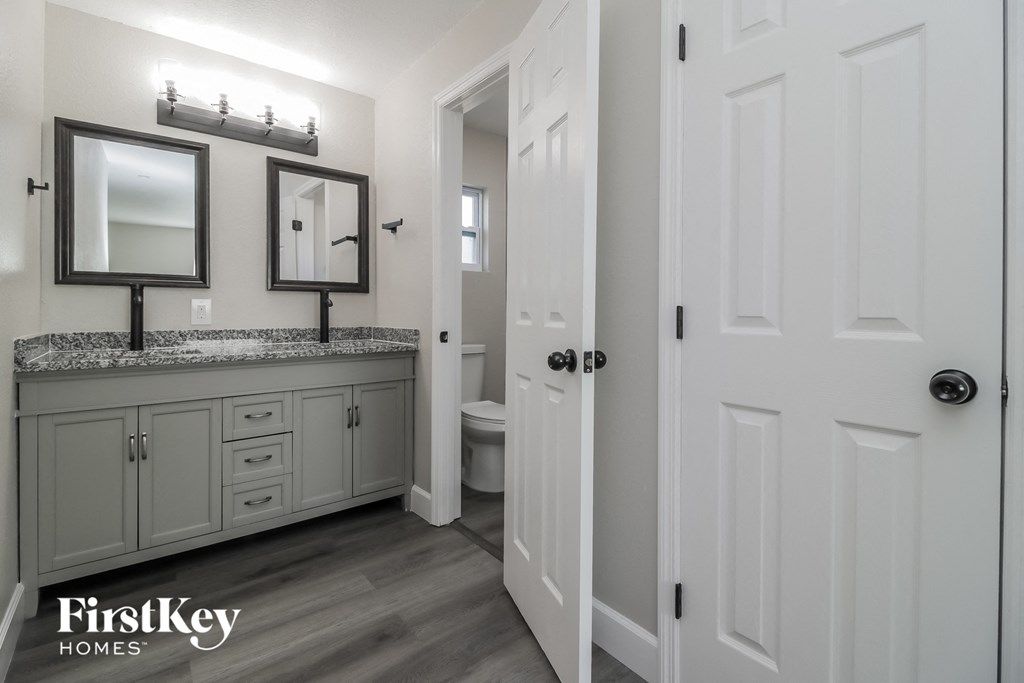 A bathroom with a vanity and medicine cabinet.