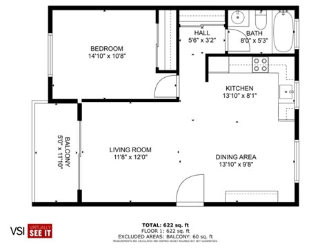 A floor plan of a home with a bedroom, living room, kitchen, dining area, and bathroom.