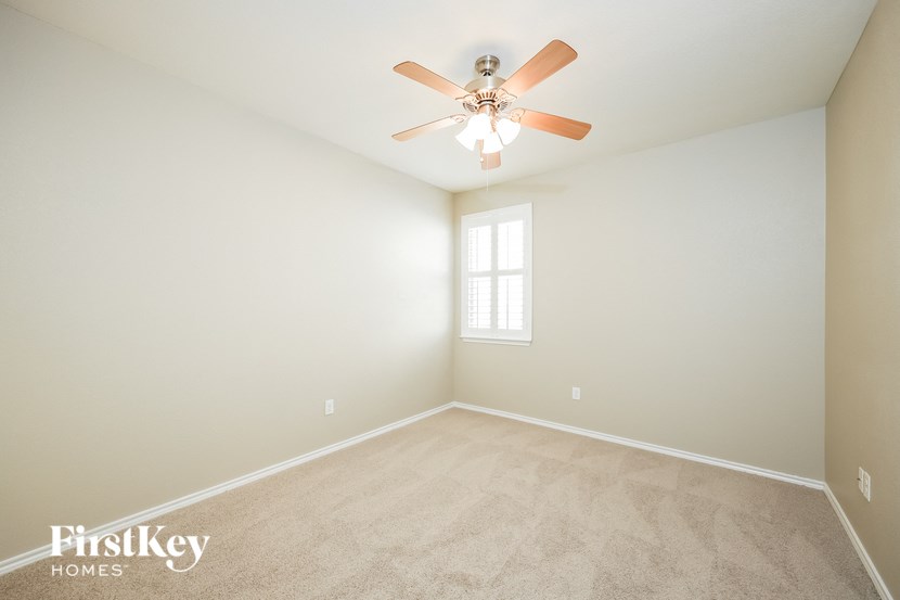 a bedroom with a ceiling fan and a carpeted floor