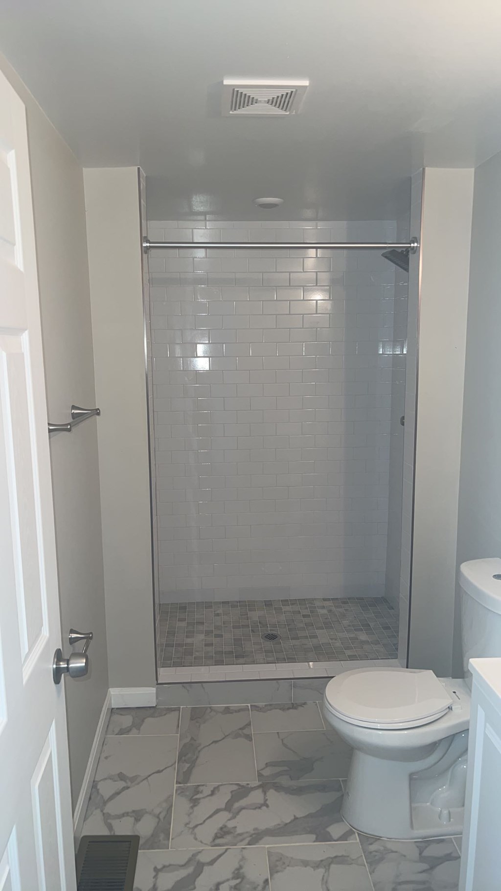 A white toilet sits next to a walk-in shower.