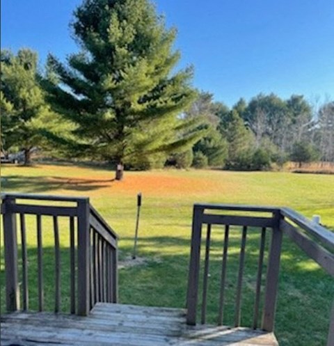 A wooden staircase leading to a grassy area with a tree in the distance.