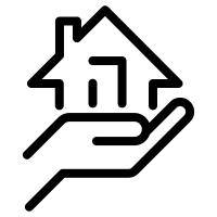 A black and white image of a hand holding a house.