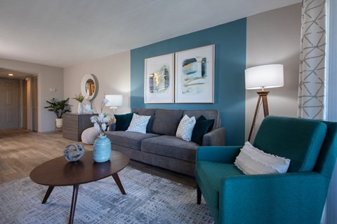 a living room with a blue accent wall and a gray couch