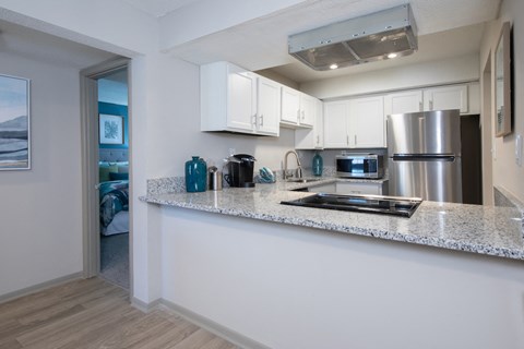 a kitchen with a granite counter top and a stainless steel refrigerator