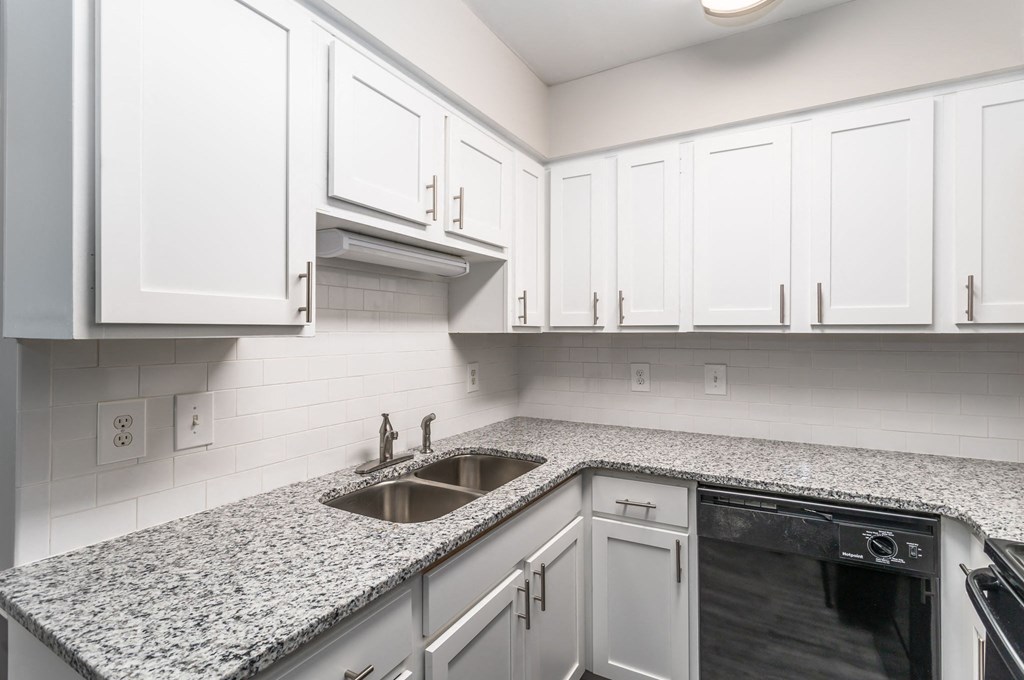 a kitchen with white cabinets and granite counter tops and a sink