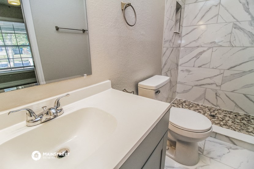 a bathroom with a sink and a toilet and a shower