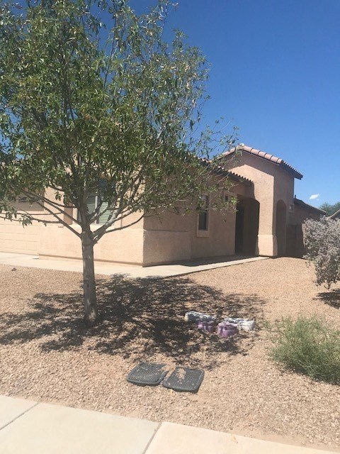 a house with a tree and some shoes on the ground