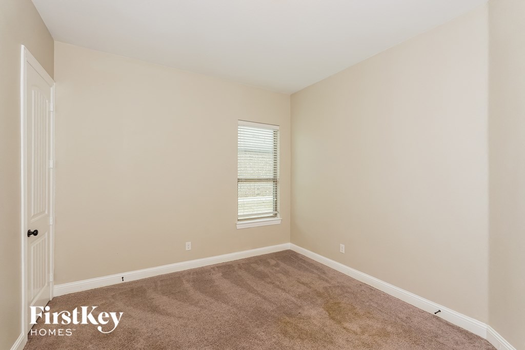 a bedroom with a carpeted floor and a window