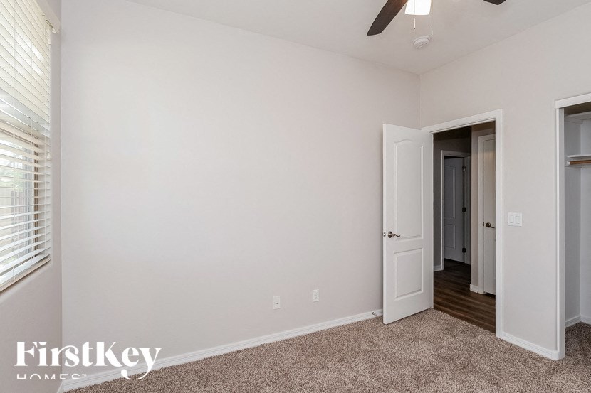 A room with a carpeted floor and a ceiling fan.
