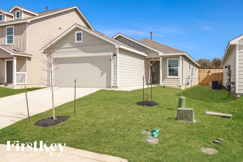 A residential area with a house and a tree in the front yard.