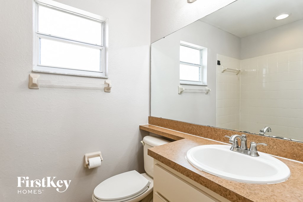 a bathroom with a sink and a toilet and a mirror