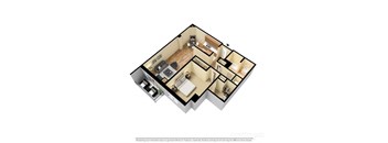 3d floorplan of a 1-bedroom 1-bathroom unit