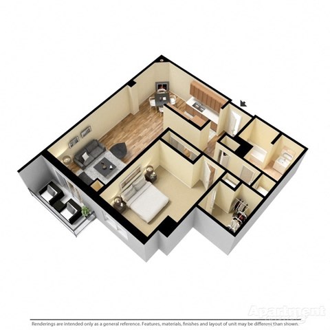 3d floorplan of a 1-bedroom 1-bathroom unit
