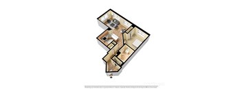 3d floorplan of a 1-bedroom 1-bathroom unit