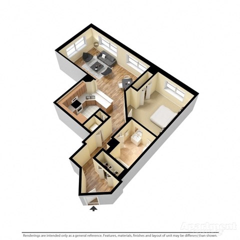 3d floorplan of a 1-bedroom 1-bathroom unit