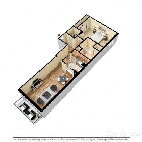 3d floorplan of a 1-bedroom 1-bathroom unit