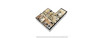 3d floorplan of a 2-bedroom 1-bathroom unit