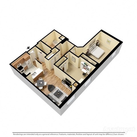 3d floorplan of a 2-bedroom 1-bathroom unit