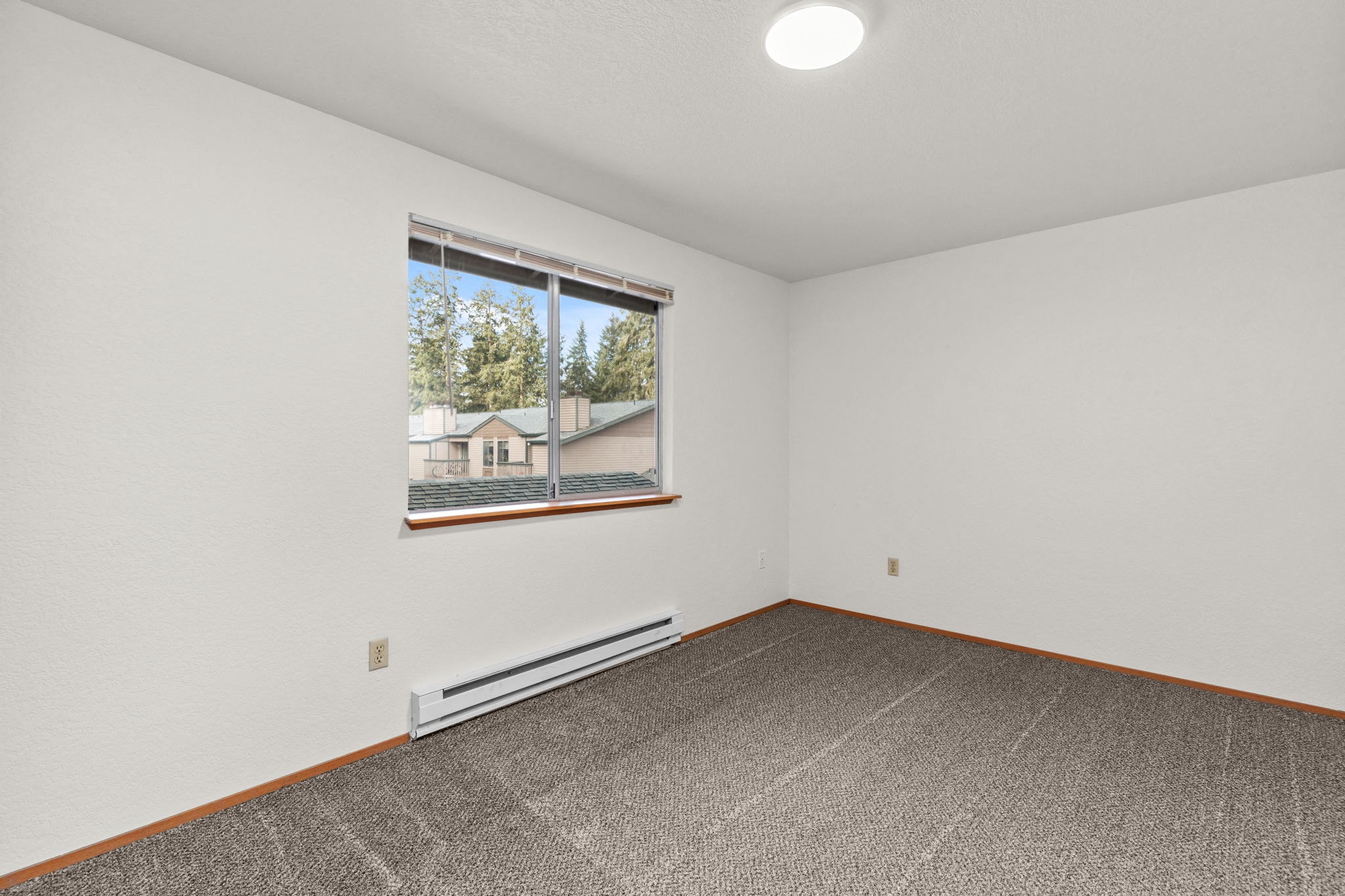 the living room has a large window and a gray carpet