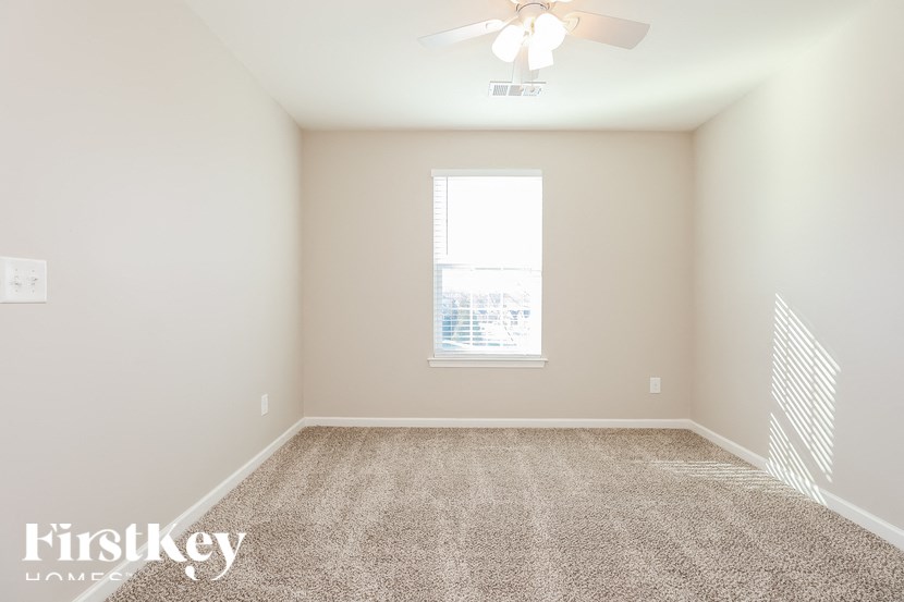 A room with a carpeted floor and a ceiling fan.