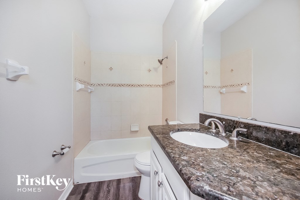 a bathroom with a sink and a toilet and a bath tub