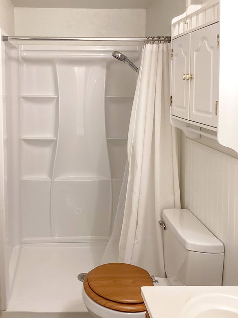 A white bathroom with a toilet, sink, and shower.