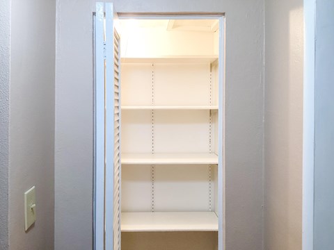 Empty white shelves in a white pantry.