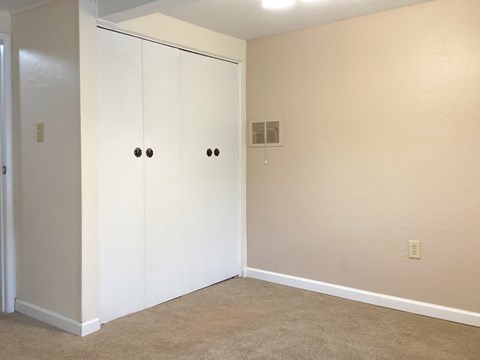 A room with a white closet and a carpeted floor.