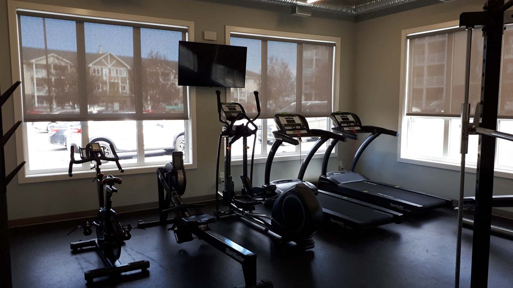 A gym with a television, treadmill, and exercise bikes.