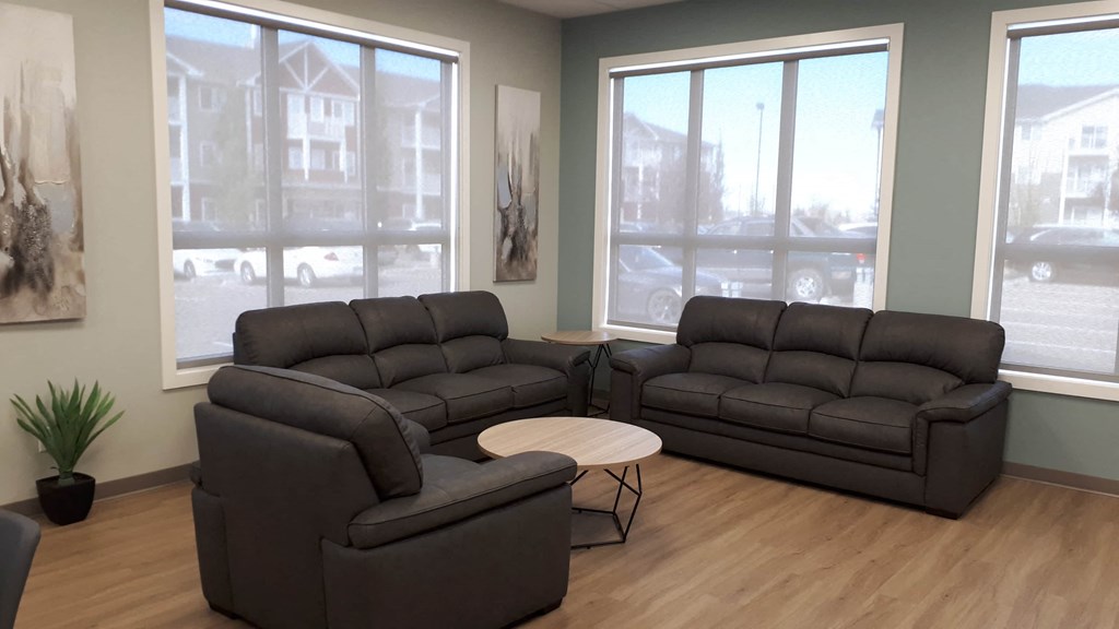 A black leather sofa and loveseat in a room with a potted plant and a painting on the wall.