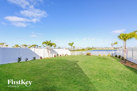 a backyard with a lawn and palm trees